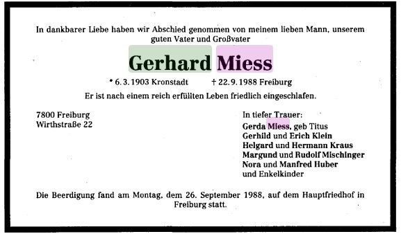 Miess Gerhard 1903-1988 Todesanzeige